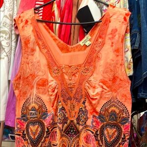 One World Orange Embellished Blouse with Graphic Design
